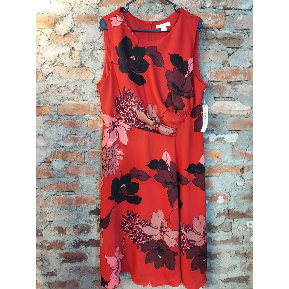 Liz Claiborne Womens Sleeveless Dress Size 16 Red Floral Print Sheath Midi